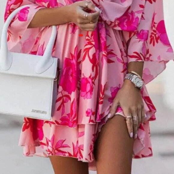 Boho Floral Ruffle Pink Mini Dress (SM) - Picture 4 of 8